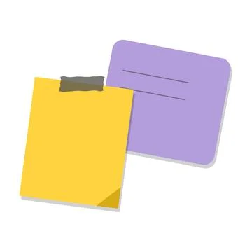 Yellow and purple sticky notes, one with tape, one with lines, isolated on .. Stockillustratie