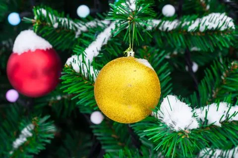Yellow and red Christmas balls on fir branch in snow. Christmas background. Stock Photos