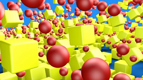Yellow and red cubes and balls jumping on blue background. 3D-animation of Stock Footage 127857576