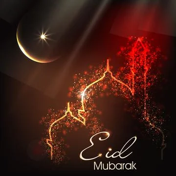 Yellow and Red Light Forming Mosque with Crescent Moon at Dark background f.. Stock Illustration