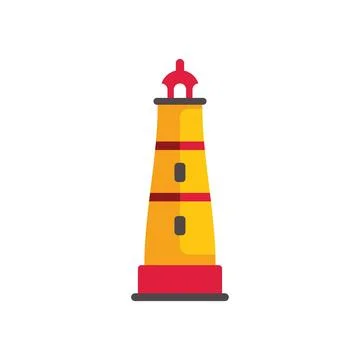 Yellow and red lighthouse guiding ships at night with bright light Ilustración de archivo