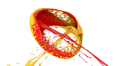 Yellow and red paint splashes collide in slow motion and form ring (FULL HD) Video stock 37037707