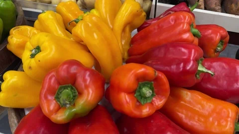 Yellow and red peppers on the market stall for consumers to buy Stock Footage 281132653