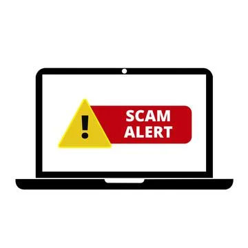 Yellow and red scam alert signs on the screen of a laptop Stock Illustration