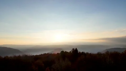 Yellow and red Sunset in the forest. Aerial shot Stock Footage 313272435