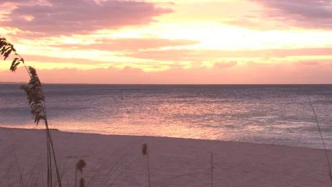 Yellow and red sunset over shimmering ocean beach Stock Footage 74088301