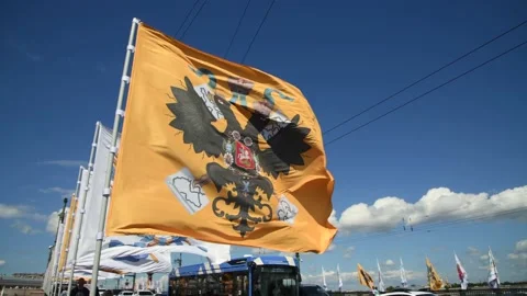 Yellow and white flags with coat of arms of Russian empire Stock Footage 208462571