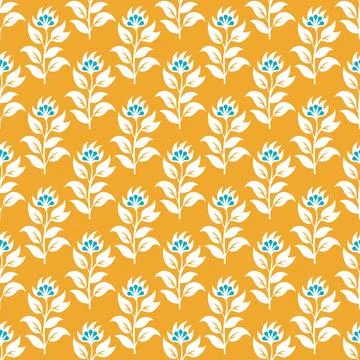 A yellow and white floral pattern with blue flowers Stock Illustration