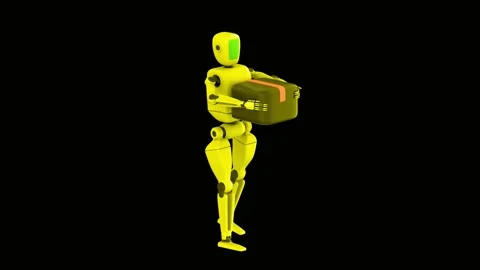 Yellow android walking with parcel box on black background in studio Stock-Footage 341969559