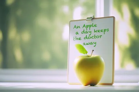 Yellow apple with board and text An Apple A Day Keeps The Doctor Away Stock Illustration