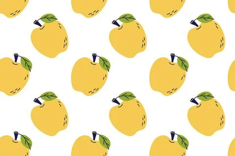 Yellow apple fruit with leaf. Seamless pattern. Hand drawn vector illustratio イラスト素材