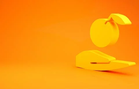 Yellow Apple in hand icon isolated on orange background. Fruit with leaf symb Stock Illustration