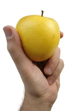 Yellow apple in the hand Stock Photos