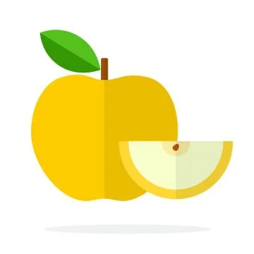 Yellow apple with a leaf and a slice of apple flat isolated Stock Illustration