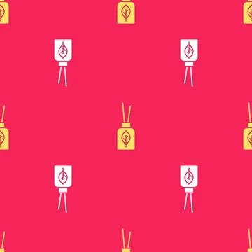 Yellow Aroma diffuser icon isolated seamless pattern on red background. Glass Stock Illustration
