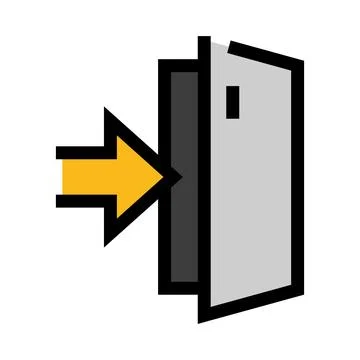 Yellow arrow entering a gray open door icon Illustrazione stock