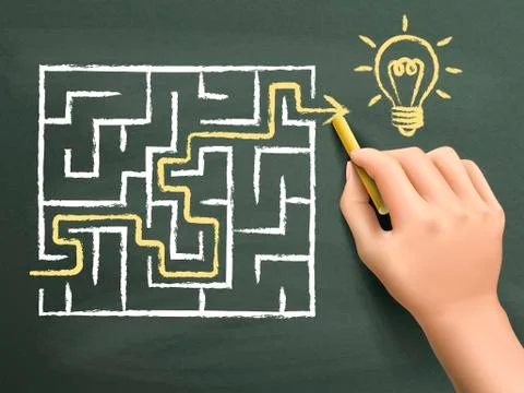 Yellow arrow going through a maze drawn by hand Illustrazione stock
