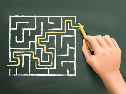 Yellow arrow going through a maze drawn by hand Illustrazione stock