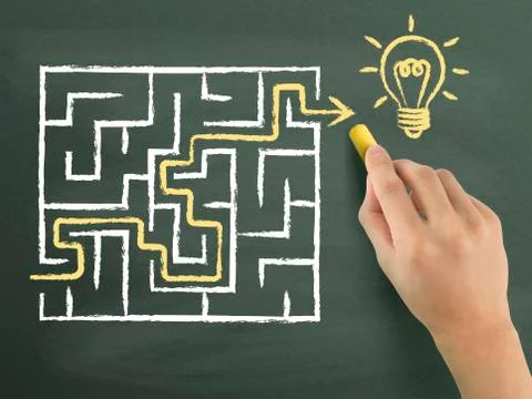 Yellow arrow going through a maze drawn by hand Illustrazione stock