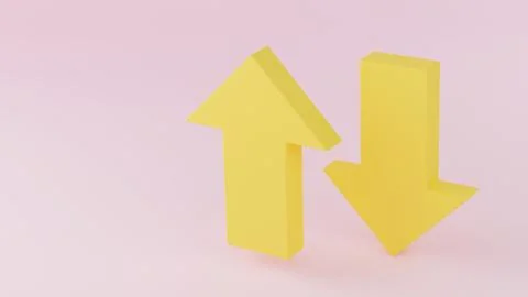 Yellow arrow on pink background. Arrow icon, isolated with shadow. 3d renderi Stock Illustration