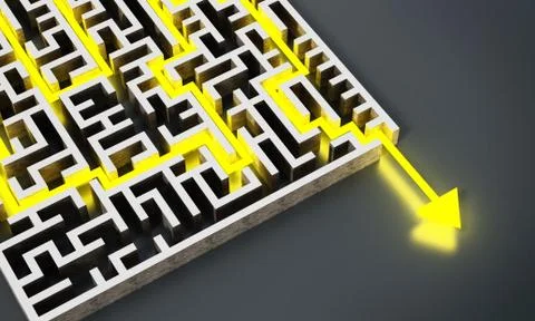 Yellow arrow successfully navigating trough the labyrinth. 3D illustration Stock Illustration
