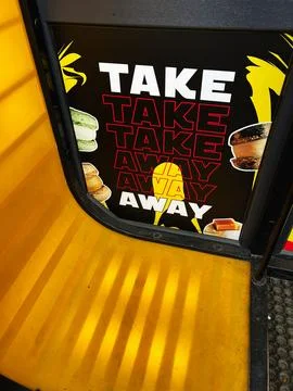 Yellow backdrop with bold takeaway text and food illustrations in modern styl Stock Photos