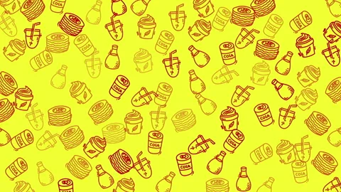 Yellow backdrop with various drink motifs in repeating design. Suitable for beve Video stock 333578424