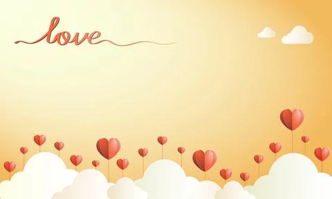 Yellow background with clouds and hearts growing out of the ground Stock Illustration
