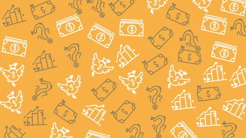 Yellow background features hand-drawn financial icons Stock Footage 336012657