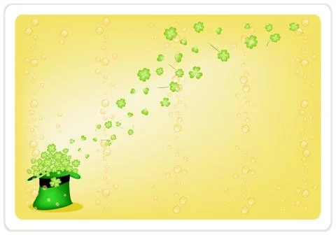 Yellow Background of Four Leaf Clovers in Green Hat Stock Illustration