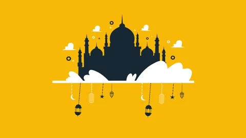 Yellow background mosque silhouette with clouds and hanging lanterns Stock Footage 318121091