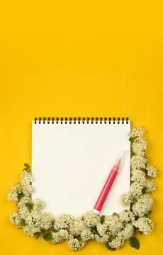 On a yellow background is a notebook with white sheets and a purple marker. Stock Photos