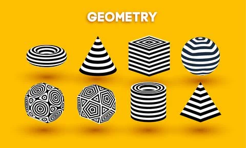 Yellow background optical illusion shapes vector set. Pyramid striped. Cylinder Stock Illustration