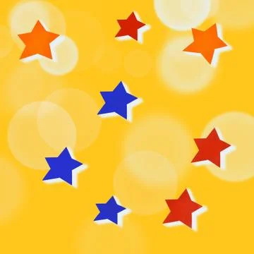 Yellow background with red, blue, orange stars and white circles Stock Illustration