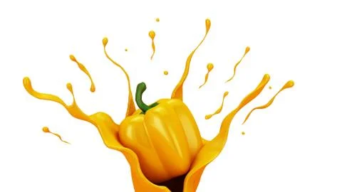 Yellow background with splash and pepper. 3d illustration, 3d rendering. 스톡 일러스트