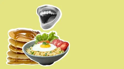 A yellow background with a stack of pancakes and a bowl of ramen Foto stock