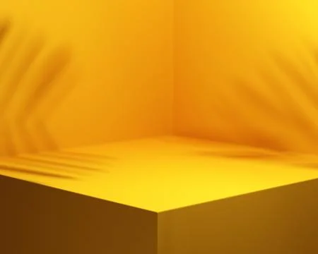 Yellow background studio interior room with tropical palm shadow. Minimalis.. 스톡 사진