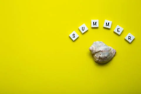 On a yellow background there is a shell and the word summer is written above it. Foto stock