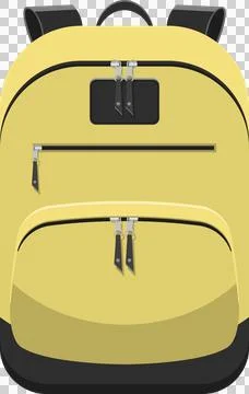 A yellow backpack is displayed, featuring black accents. The bag has severa.. Illustrazione stock
