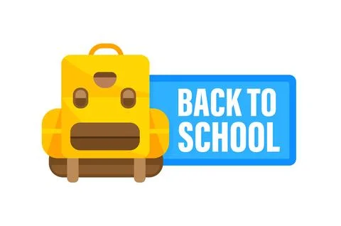 Yellow backpack inviting back to school with blue sign Stock-Illustration