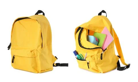 Yellow backpack isolated on white, collage. Empty and filled with stationery Photos