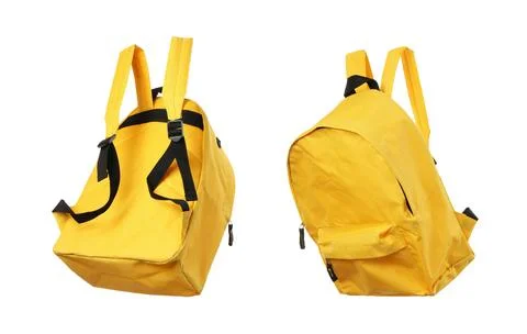 Yellow backpack isolated on white, collage. Different sides Photos