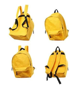 Yellow backpack isolated on white, collage. Different sides Photos