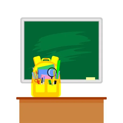 Yellow backpack with school stationery on the table in front of school boards Stock Illustration