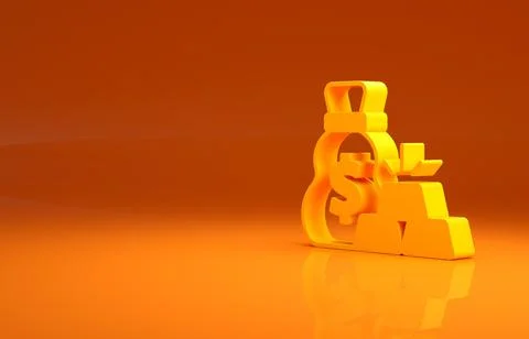 Yellow Bag of gold bars icon isolated on orange background. Sack with golden Illustrazione stock