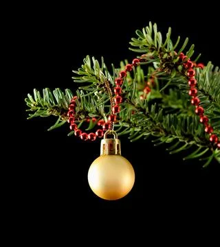 Yellow ball and red string of beads on a green branch of a Christmas tree Stock Photos