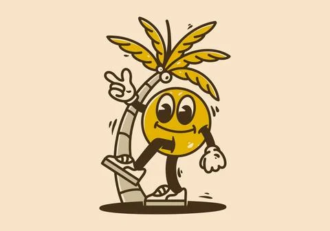 Yellow ball character walking under coconut tree illustration Stock Illustration