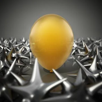 Yellow balloon standing among sharp spikes. High risk concept. 3D illustratio Stock-Illustration