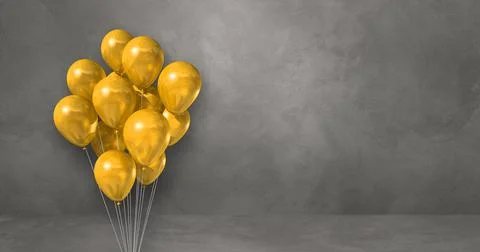Yellow balloons bunch on a grey wall background. Horizontal banner. Illustrazione stock