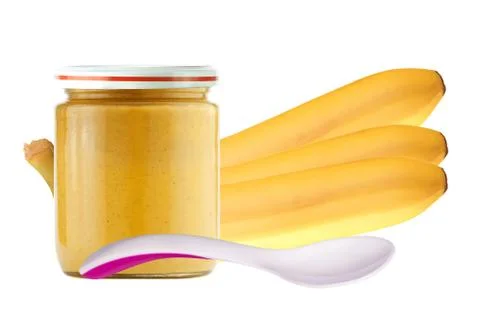 Yellow banana and jar of baby puree isolated on the white background Stockfoto's